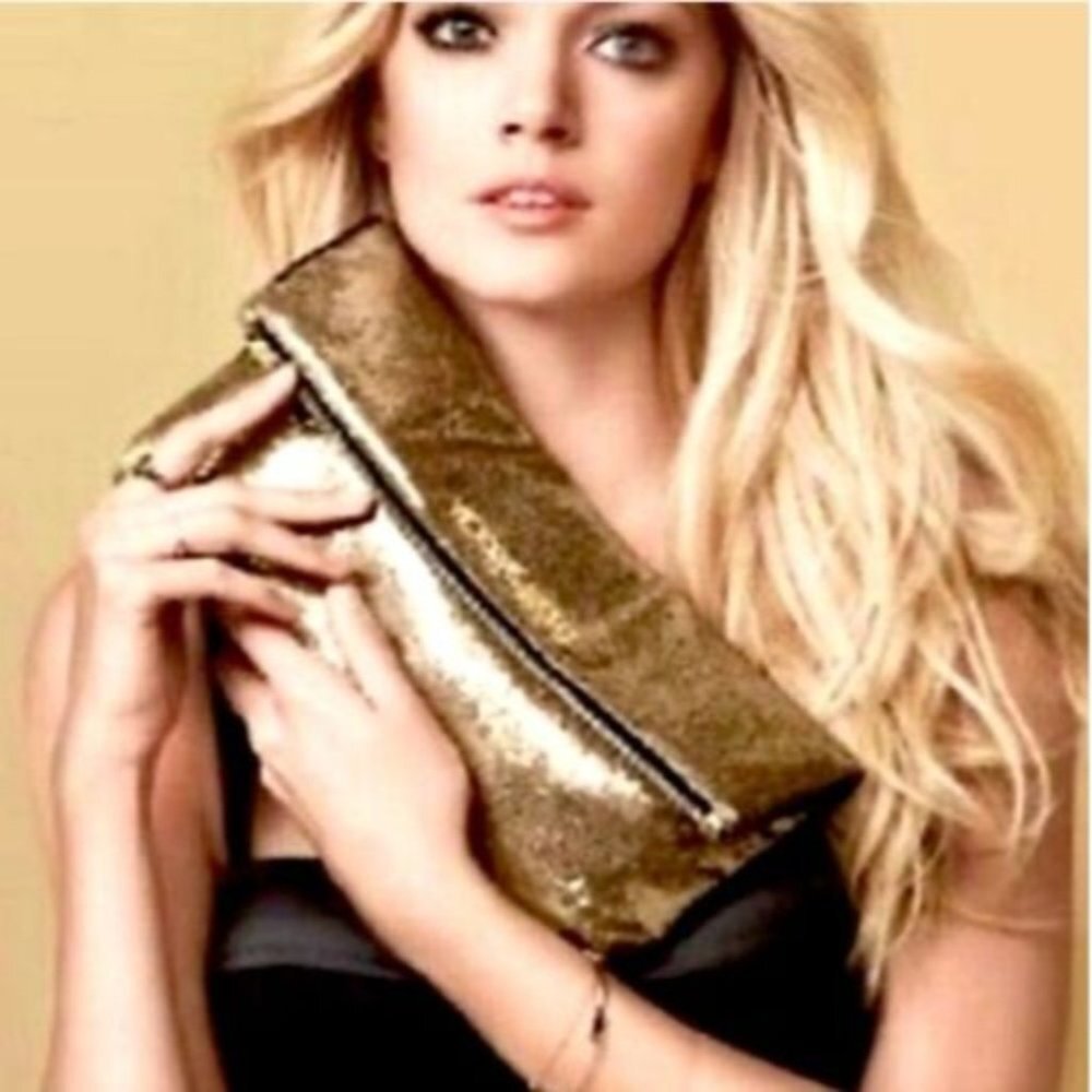 Victoria's Secret Gold Sequin Foldover Clutch Handbag Purse 7" x 12"